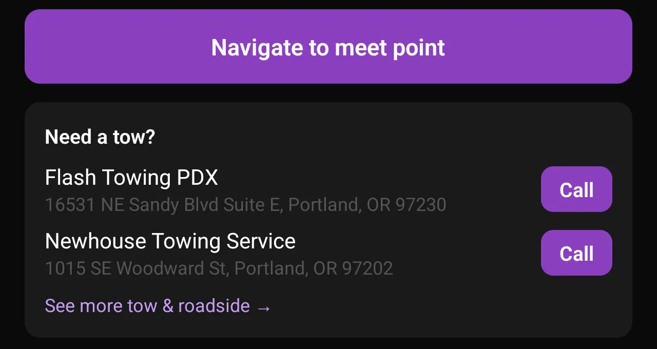 A ride's detail screen in the app showing a Need a tow? panel listing two towing businesses with their addresses and a Call button beside each
