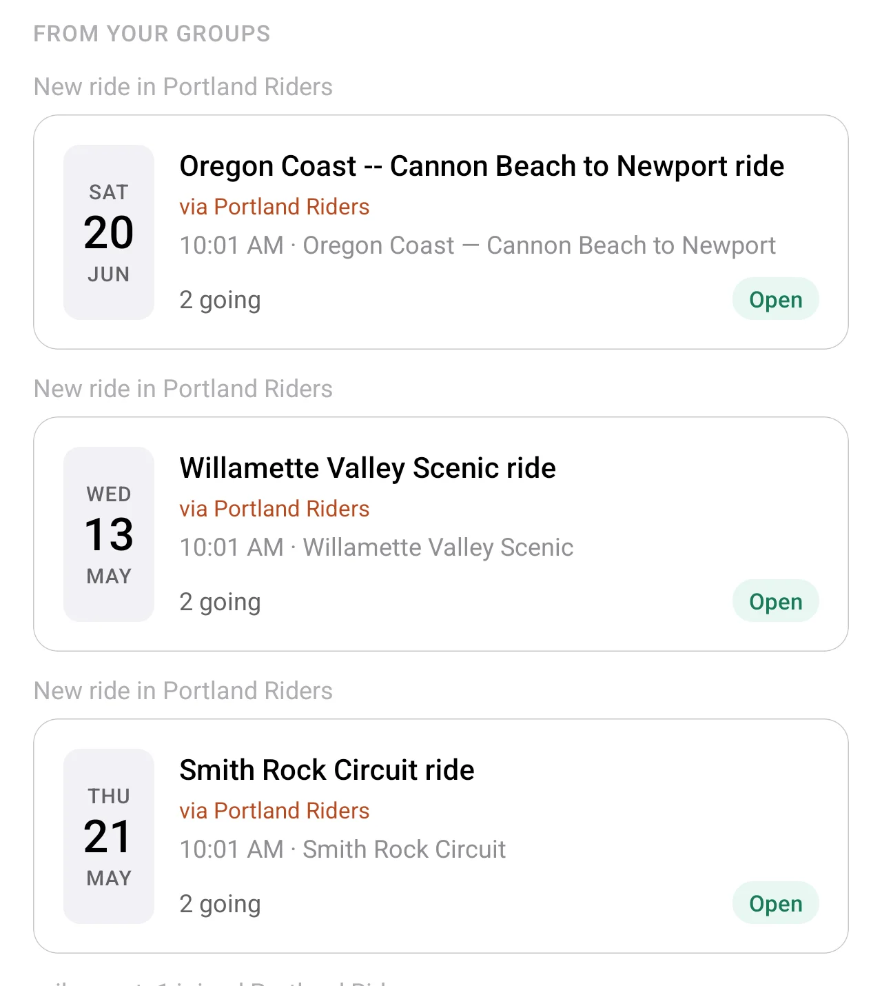 Feed screen in 2 Wheels in Common showing activity from groups the rider is in, including newly posted rides