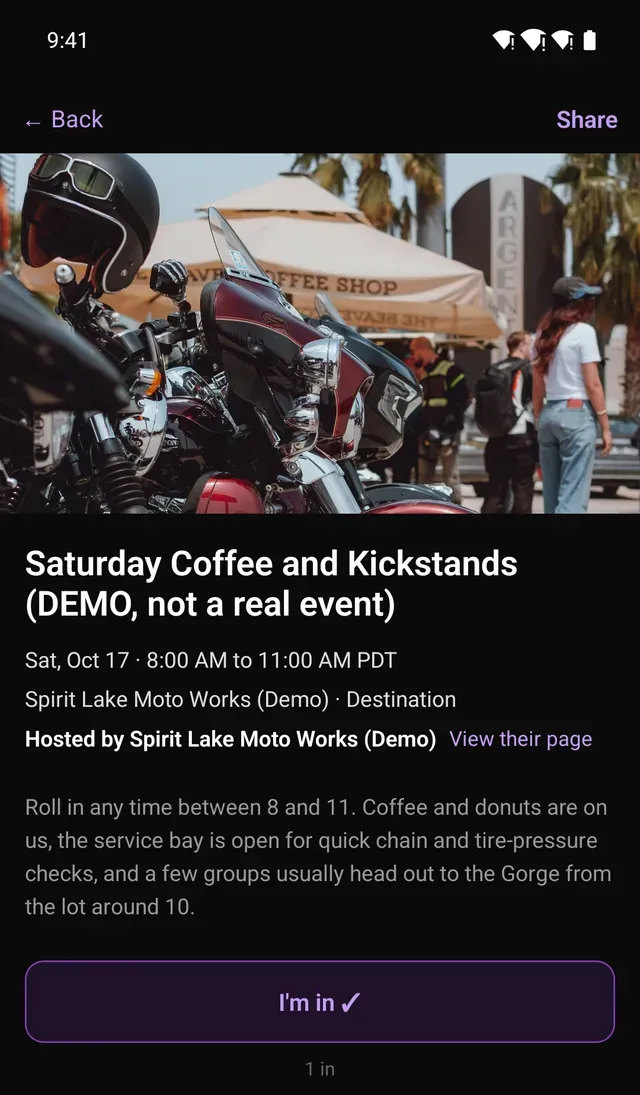 A Ride-In page in the app: cover photo, title, date, time, Hosted by with a link to the business page, the description, and an I'm in button