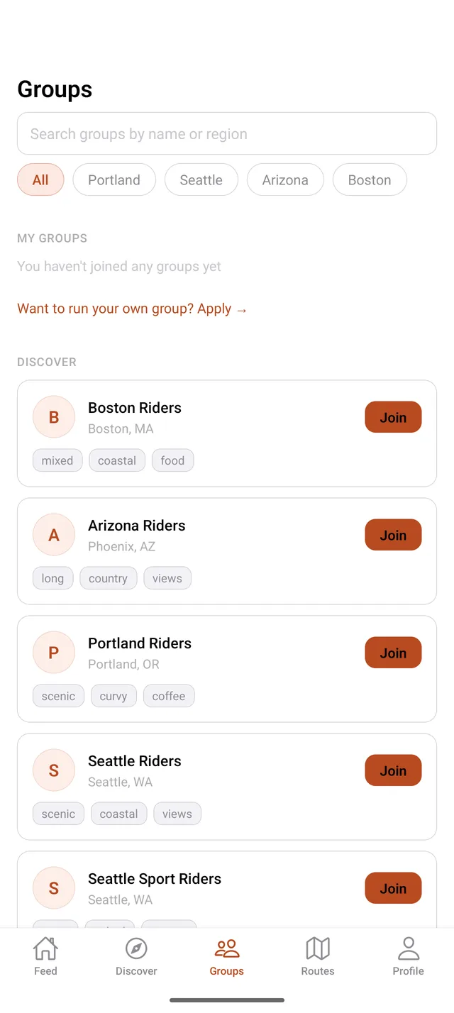 Groups screen in 2 Wheels in Common showing region filters and local riding groups in Portland, Seattle, Arizona and Boston