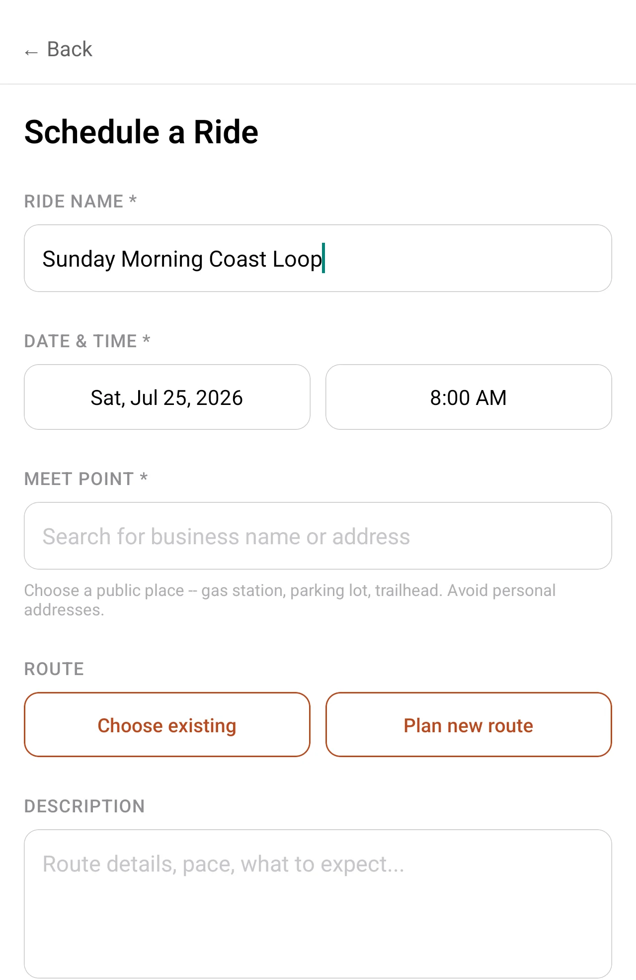Schedule a Ride form in 2 Wheels in Common with fields for ride name, date and time, meeting point, route, description, max riders and group