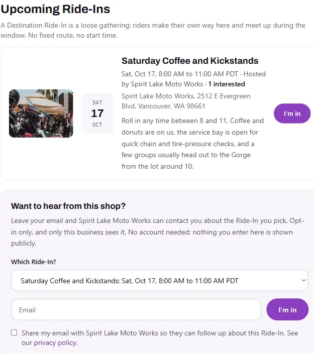Upcoming Ride-Ins on Spirit Lake Moto Works's Business page, the Ride-In shown with its cover photo, and an opt-in email form asking riders whether to share their email with the shop