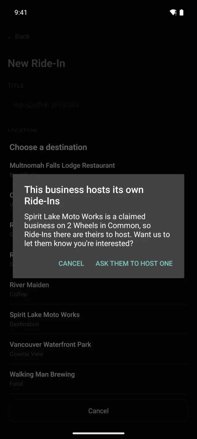 The app explaining that this business hosts its own Ride-Ins, with a button to ask them to host one
