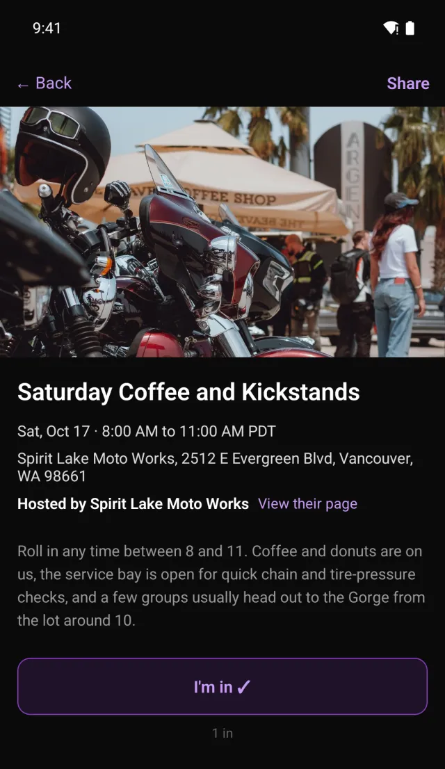 A business-hosted Ride-In in the 2 Wheels in Common app: a cover photo of motorcycles outside a coffee shop, then its title, the date and time window, the host, an I'm in button, and the anonymous count of riders who are in