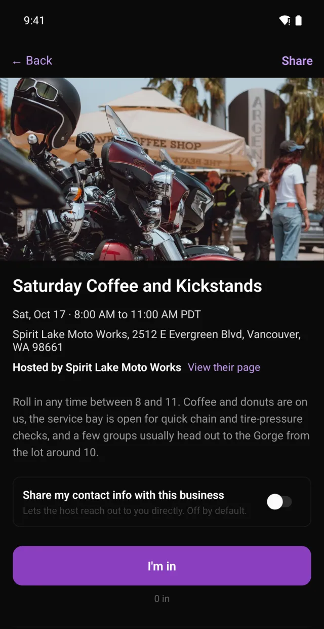 A Ride-In hosted by Spirit Lake Moto Works in the app, with its cover photo and the Share my contact info with this business switch turned off