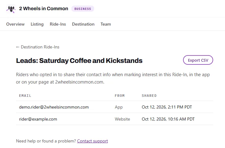 Scrambler's leads view for a Ride-In: each rider who opted in, whether they shared from the app or the website, and when, with an Export CSV button