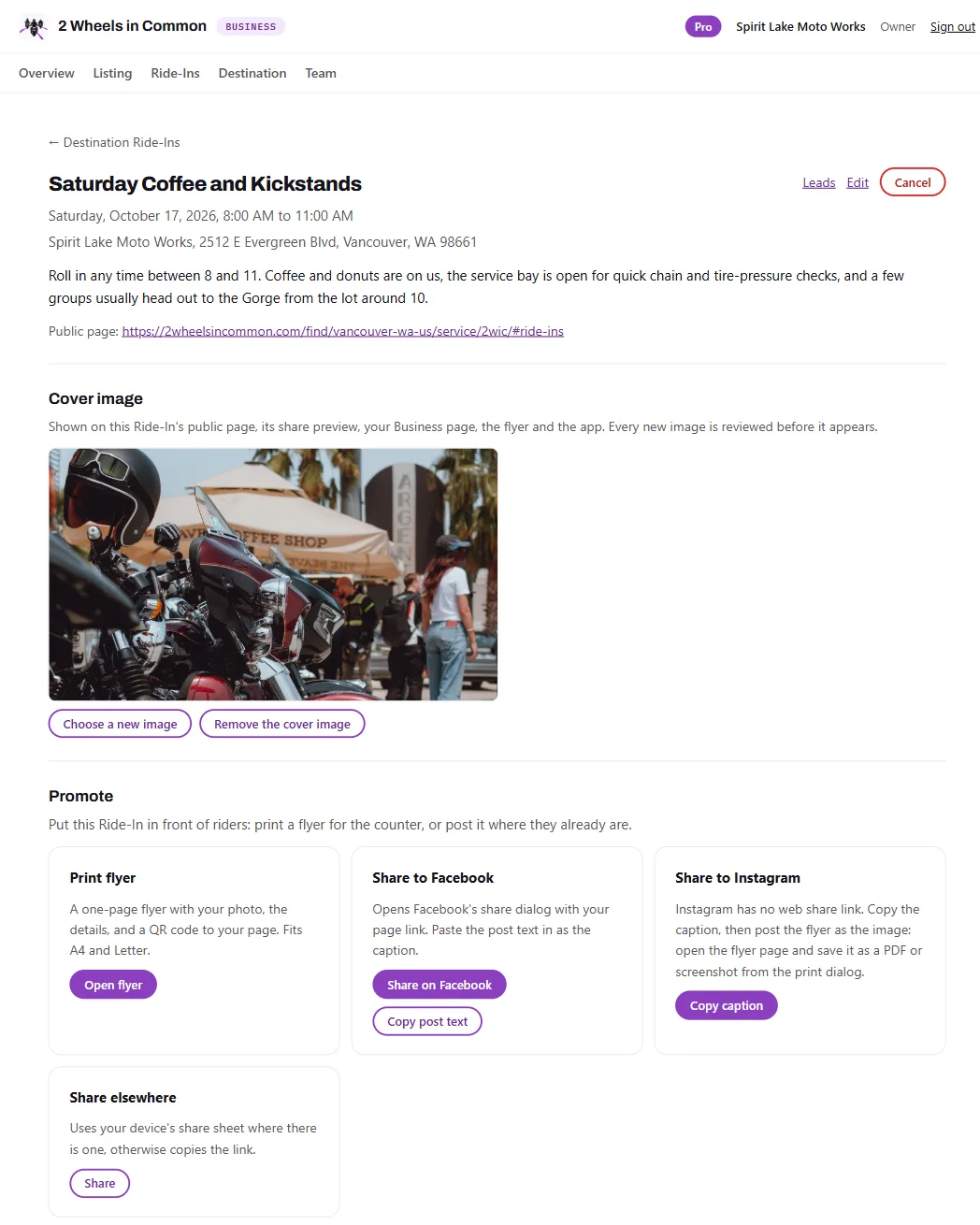 A Ride-In in Scrambler: its public page link, its cover photo with buttons to choose a new image or remove it, then ways to promote it: print a flyer, share on Facebook, copy an Instagram caption, or share elsewhere