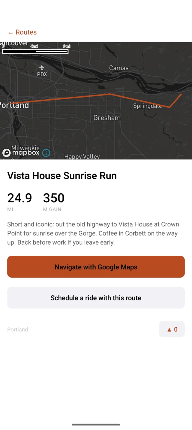 Route detail screen in 2 Wheels in Common showing a mapped motorcycle route with distance and elevation gain