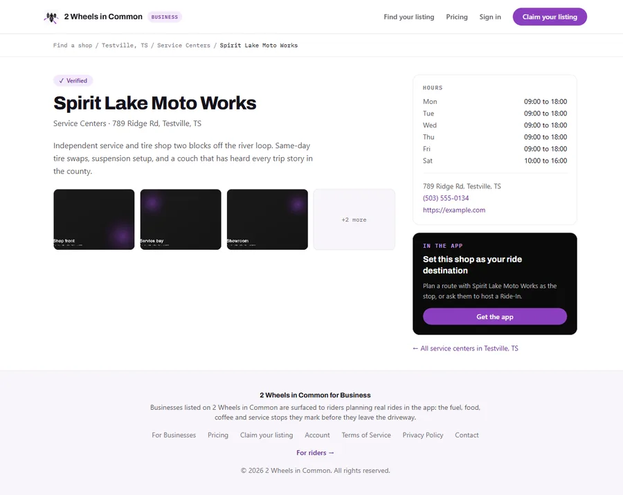 Sample business page on the Basic plan: Verified badge, description, hours, and five photos