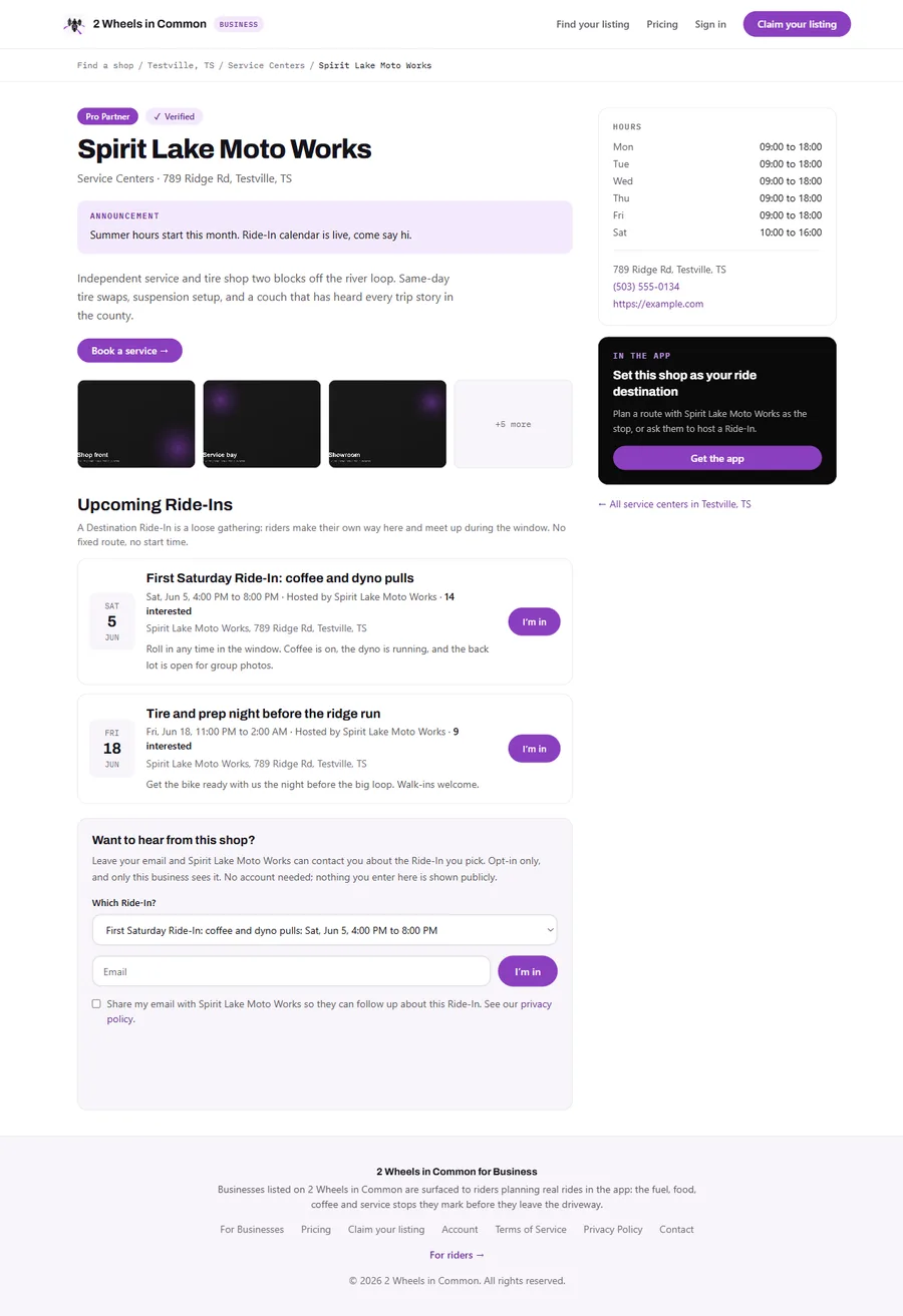 Sample business page on the Pro plan: Pro Partner badge, announcement, gallery, upcoming Ride-Ins with interest counts, and a lead form